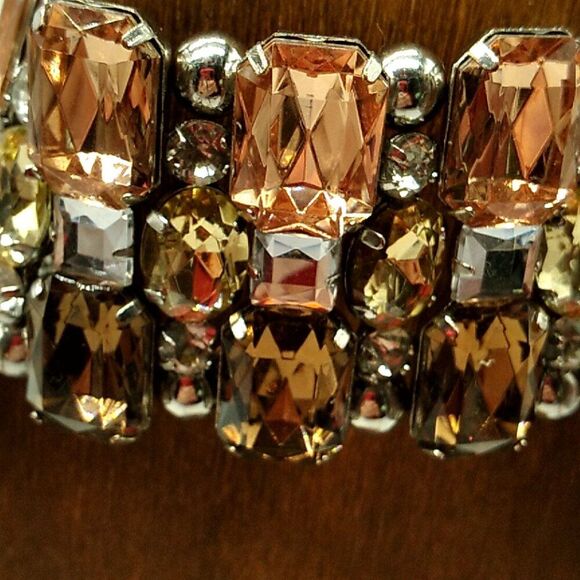 Crystal Rhinestone Stretch Bracelet Wide Amber Bronze Silver - Picture 3 of 10